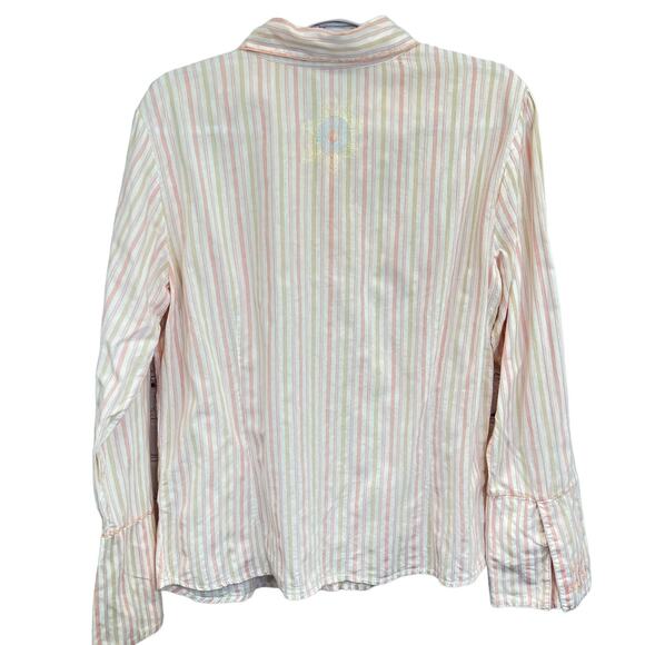 Johnny Was Button Up Top Pink L Long Sleeve Embroidered Collared Stripes Floral - Picture 5 of 12